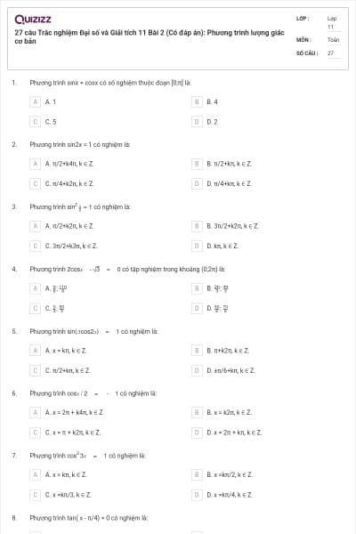 27 câu Trắc nghiệm Đại số và Giải tích 11 Bài 2 (Có đáp án): Phương trình lượng giác cơ bản