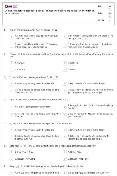24 câu Trắc nghiệm Lịch sử 11 Bài 20 (có đáp án): Cuộc kháng chiến của nhân dân ta từ 1873-1884