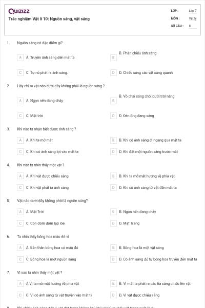 Trắc nghiệm Vật lí 10: Nguồn sáng, vật sáng