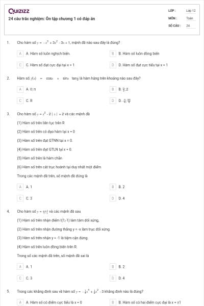 24 câu trắc nghiệm: Ôn tập chương 1 có đáp án