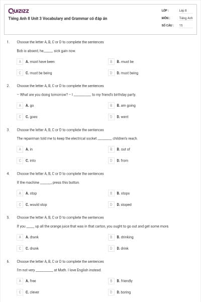 Tiếng Anh 8 Unit 3 Vocabulary and Grammar có đáp án