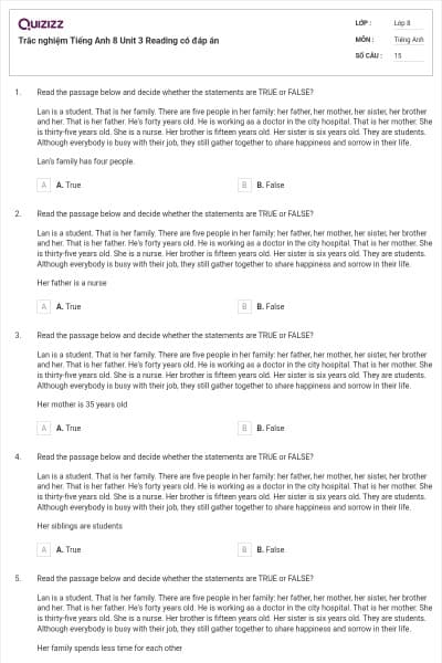 Trắc nghiệm Tiếng Anh 8 Unit 3 Reading có đáp án