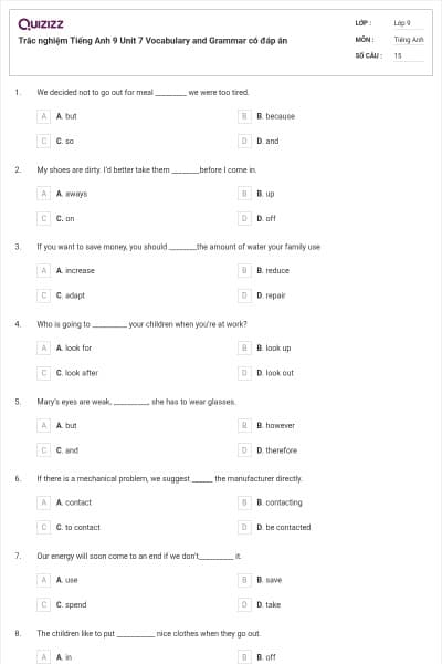 Trắc nghiệm Tiếng Anh 9 Unit 7 Vocabulary and Grammar có đáp án