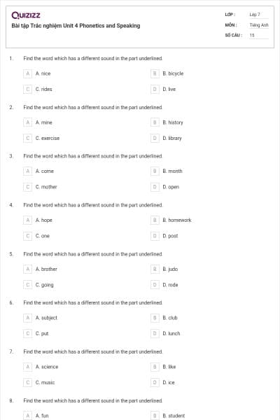 Bài tập Trắc nghiệm Unit 4 Phonetics and Speaking