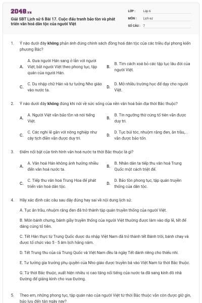 Giải SBT Lịch sử 6 Bài 17. Cuộc đấu tranh bảo tồn và phát triển văn hoá dân tộc của người Việt
