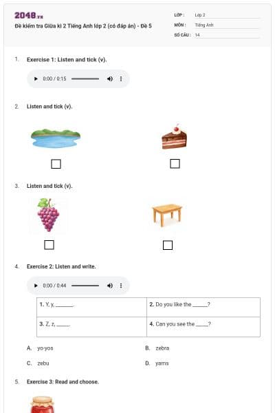 Đề kiểm tra Giữa kì 2 Tiếng Anh lớp 2 (có đáp án) - Đề 5