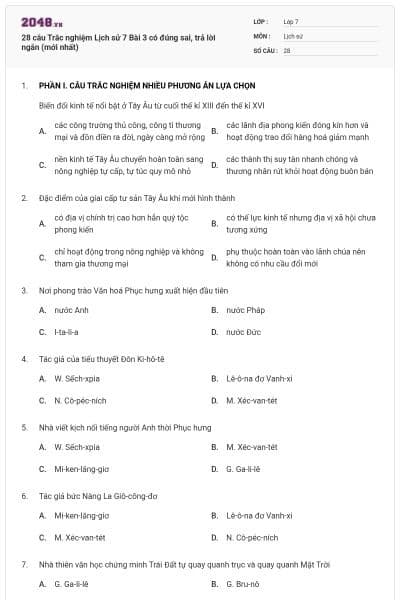 28 câu Trắc nghiệm Lịch sử 7 Bài 3 có đúng sai, trả lời ngắn (mới nhất)