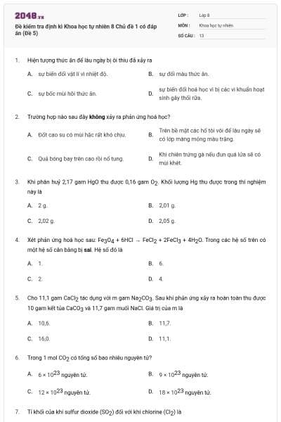 Đề kiểm tra định kì Khoa học tự nhiên 8 Chủ đề 1 có đáp án (Đề 5)