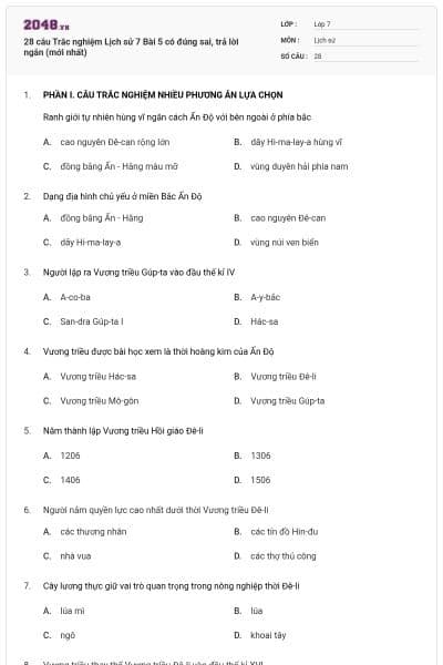 28 câu Trắc nghiệm Lịch sử 7 Bài 5 có đúng sai, trả lời ngắn (mới nhất)