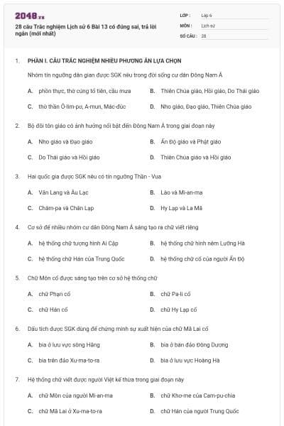 28 câu Trắc nghiệm Lịch sử 6 Bài 13 có đúng sai, trả lời ngắn (mới nhất)
