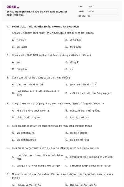 28 câu Trắc nghiệm Lịch sử 6 Bài 6 có đúng sai, trả lời ngắn (mới nhất)