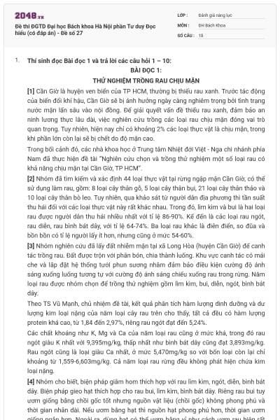 Đề thi ĐGTD Đại học Bách khoa Hà Nội phần Tư duy Đọc hiểu (có đáp án) - Đề số 27