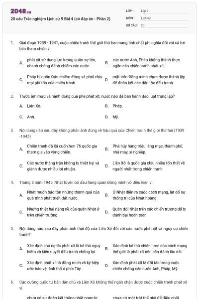 20 câu Trắc nghiệm Lịch sử 9 Bài 4 (có đáp án - Phần 2)