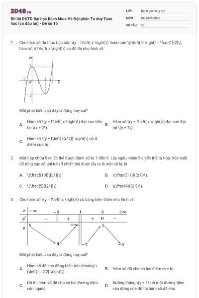 Đề thi ĐGTD Đại học Bách khoa Hà Nội phần Tư duy Toán học (có đáp án) - Đề số 16