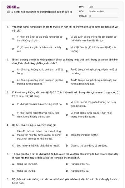 Bộ 10 đề thi học kì 2 Khoa học tự nhiên 8 có đáp án (Đề 1)