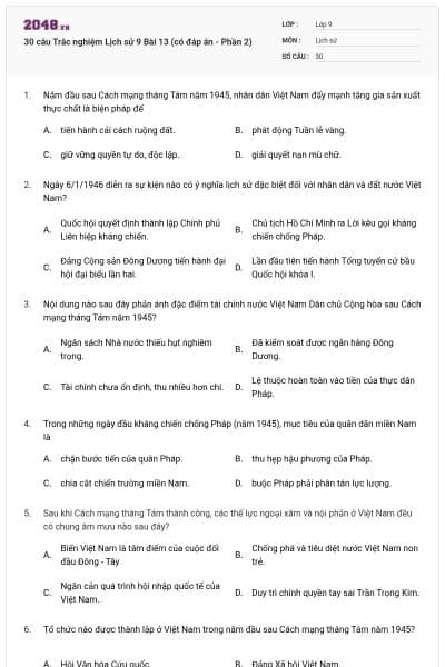 30 câu Trắc nghiệm Lịch sử 9 Bài 13 (có đáp án - Phần 2)