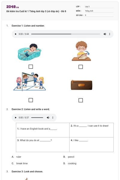 Đề kiểm tra Cuối kì 1 Tiếng Anh lớp 3 (có đáp án) - Đề 8