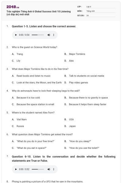 Trắc nghiệm Tiếng Anh 6 Global Success Unit 10 Listening (có đáp án) mới nhất