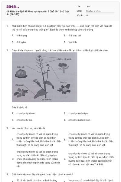 Đề kiểm tra định kì Khoa học tự nhiên 9 Chủ đề 12 có đáp án (Đề 106)