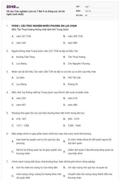28 câu Trắc nghiệm Lịch sử 7 Bài 4 có đúng sai, trả lời ngắn (mới nhất)