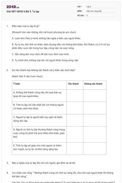 Giải SBT GDCD 6 Bài 5. Tự lập