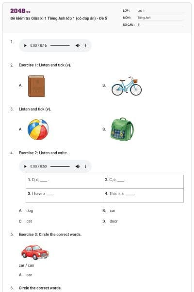 Đề kiểm tra Giữa kì 1 Tiếng Anh lớp 1 (có đáp án) - Đề 5