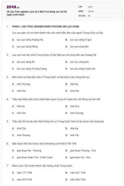 28 câu Trắc nghiệm Lịch sử 6 Bài 9 có đúng sai, trả lời ngắn (mới nhất)