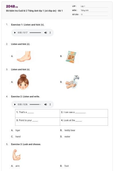 Đề kiểm tra Cuối kì 2 Tiếng Anh lớp 1 (có đáp án) - Đề 1