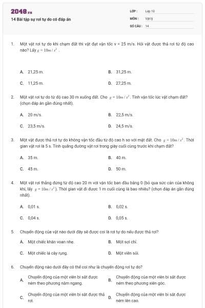 14 Bài tập sự rơi tự do có đáp án