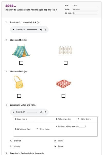 Đề kiểm tra Cuối kì 2 Tiếng Anh lớp 2 (có đáp án) - Đề 8
