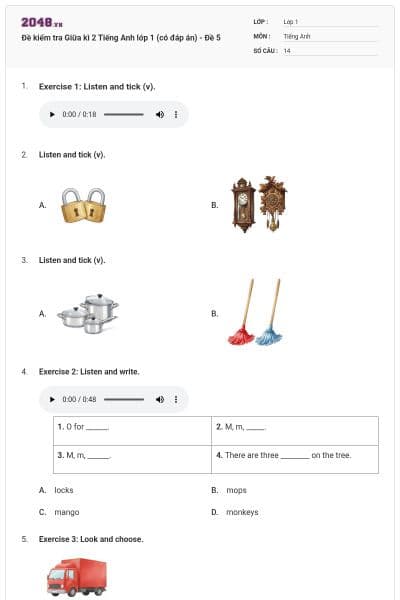 Đề kiểm tra Giữa kì 2 Tiếng Anh lớp 1 (có đáp án) - Đề 5