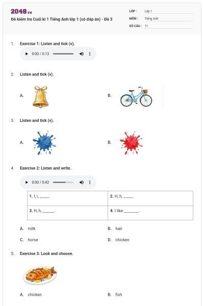 Đề kiểm tra Cuối kì 1 Tiếng Anh lớp 1 (có đáp án) - Đề 3