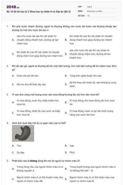 Bộ 10 đề thi học kì 2 Khoa học tự nhiên 8 có đáp án (Đề 3)