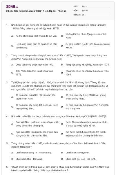 28 câu Trắc nghiệm Lịch sử 9 Bài 17 (có đáp án - Phần 6)