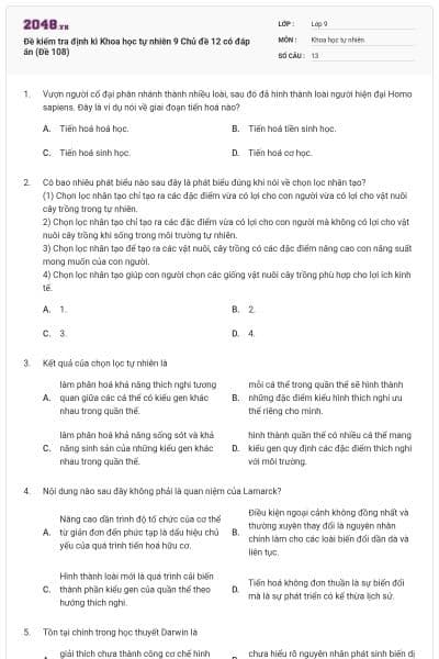 Đề kiểm tra định kì Khoa học tự nhiên 9 Chủ đề 12 có đáp án (Đề 108)