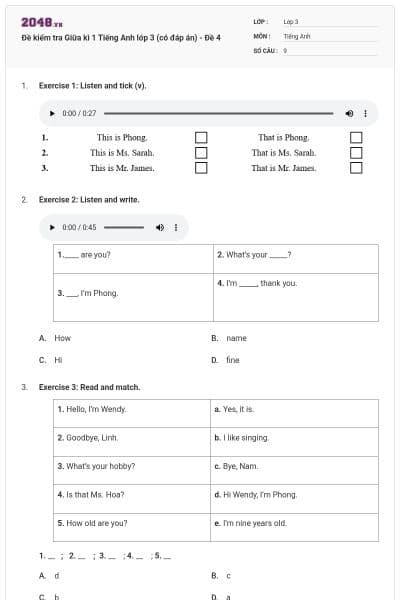Đề kiểm tra Giữa kì 1 Tiếng Anh lớp 3 (có đáp án) - Đề 4