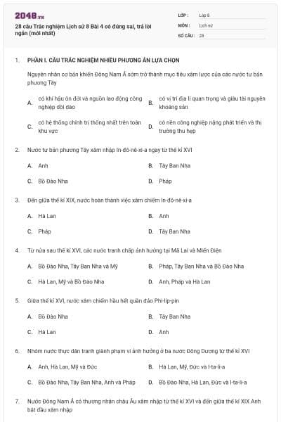 28 câu Trắc nghiệm Lịch sử 8 Bài 4 có đúng sai, trả lời ngắn (mới nhất)