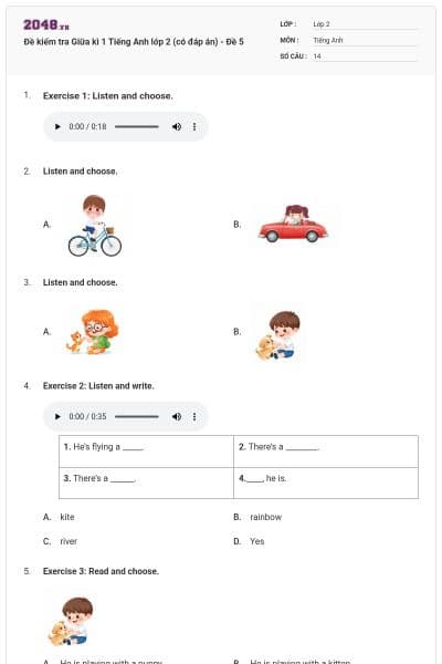 Đề kiểm tra Giữa kì 1 Tiếng Anh lớp 2 (có đáp án) - Đề 5