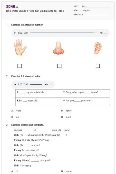 Đề kiểm tra Giữa kì 1 Tiếng Anh lớp 3 (có đáp án) - Đề 5