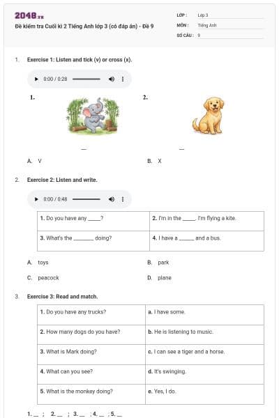 Đề kiểm tra Cuối kì 2 Tiếng Anh lớp 3 (có đáp án) - Đề 9