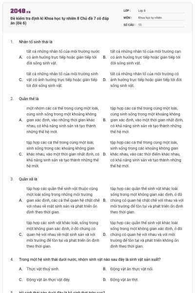 Đề kiểm tra định kì Khoa học tự nhiên 8 Chủ đề 7 có đáp án (Đề 6)