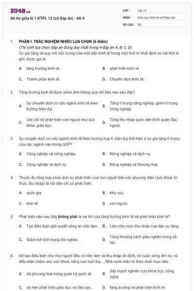 Đề thi giữa kì 1 KTPL 12 (có đáp án) - Đề 4