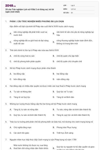 28 câu Trắc nghiệm Lịch sử 8 Bài 2 có đúng sai, trả lời ngắn (mới nhất)