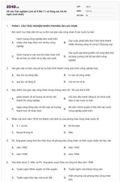 28 câu Trắc nghiệm Lịch sử 8 Bài 11 có đúng sai, trả lời ngắn (mới nhất)