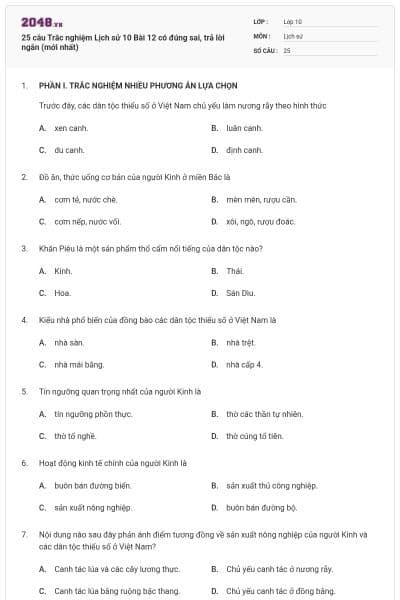 25 câu Trắc nghiệm Lịch sử 10 Bài 12 có đúng sai, trả lời ngắn (mới nhất)