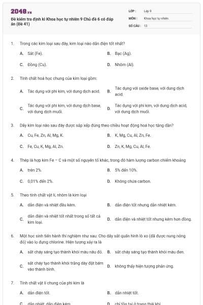 Đề kiểm tra định kì Khoa học tự nhiên 9 Chủ đề 6 có đáp án (Đề 41)
