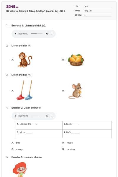 Đề kiểm tra Giữa kì 2 Tiếng Anh lớp 1 (có đáp án) - Đề 2