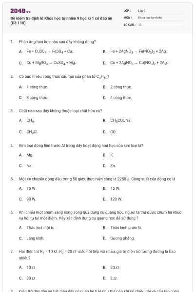 Đề kiểm tra định kì Khoa học tự nhiên 9 học kì 1 có đáp án (Đề 116)