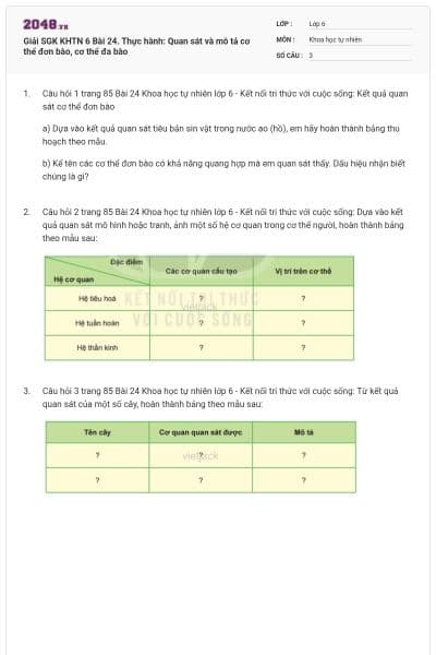 Giải SGK KHTN 6 Bài 24. Thực hành: Quan sát và mô tả cơ thể đơn bào, cơ thể đa bào