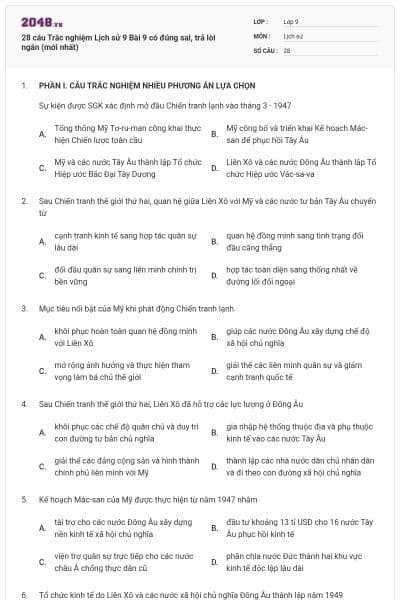 28 câu Trắc nghiệm Lịch sử 9 Bài 9 có đúng sai, trả lời ngắn (mới nhất)
